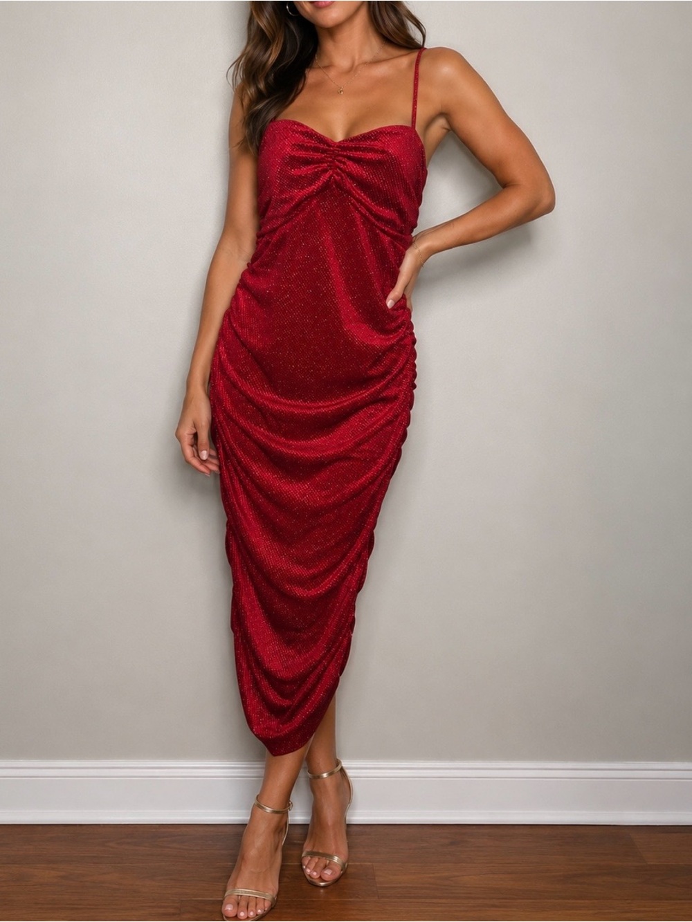 The Sang Red Glitter Ruched Bodycon Dress Size L